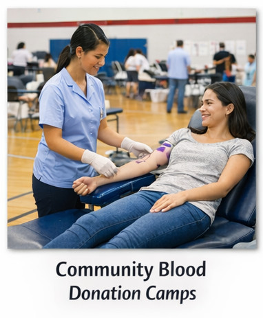 Community blood donation camp with volunteers